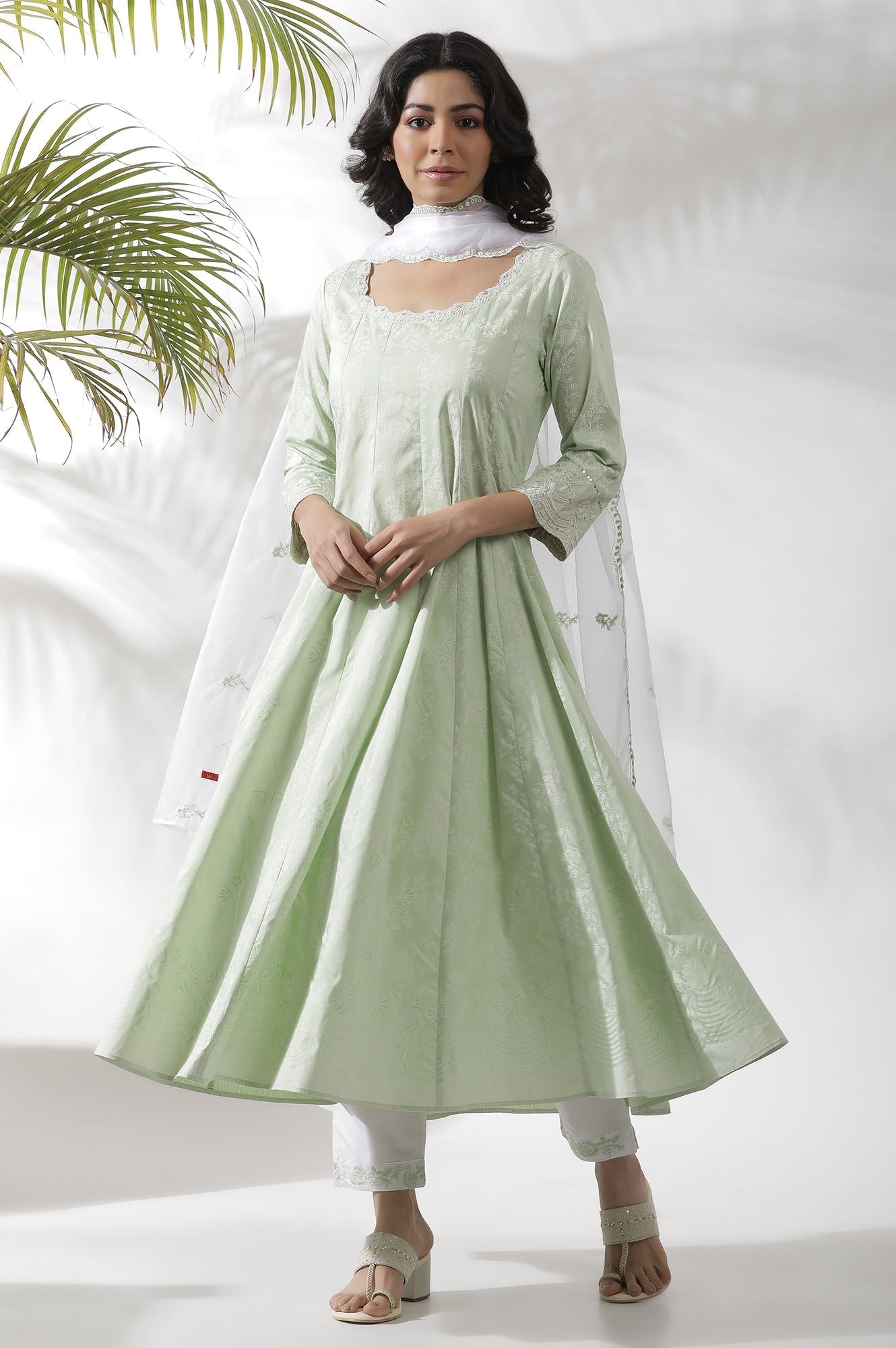 W for Woman Light Green Embroidered Panelled Kurta, Pants And Dupatta Set