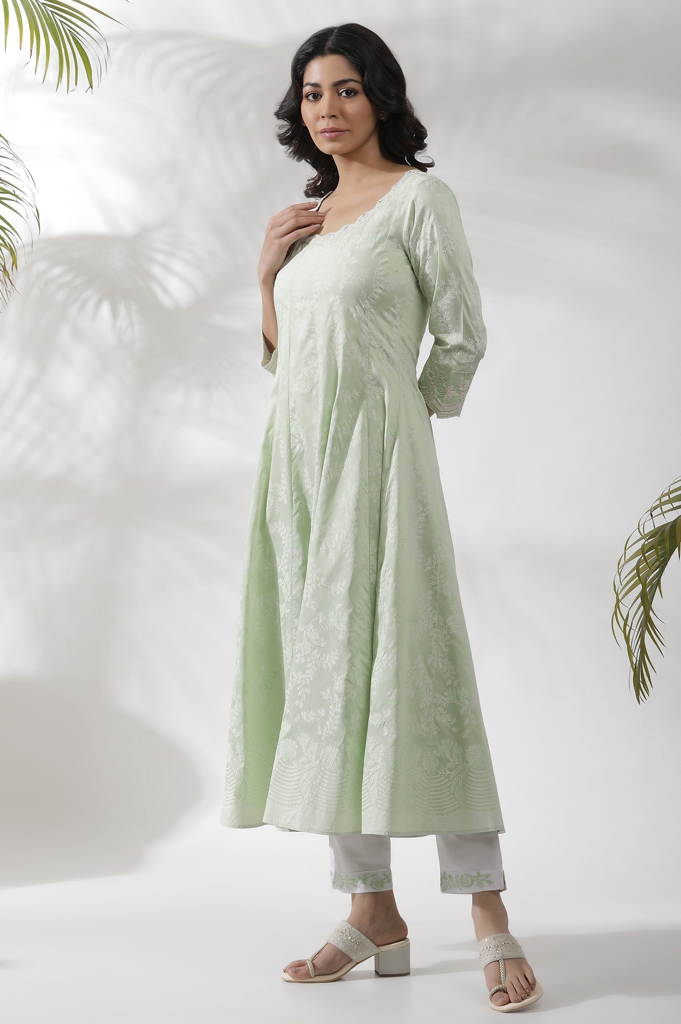 W for Woman Light Green Embroidered Panelled Kurta, Pants And Dupatta Set