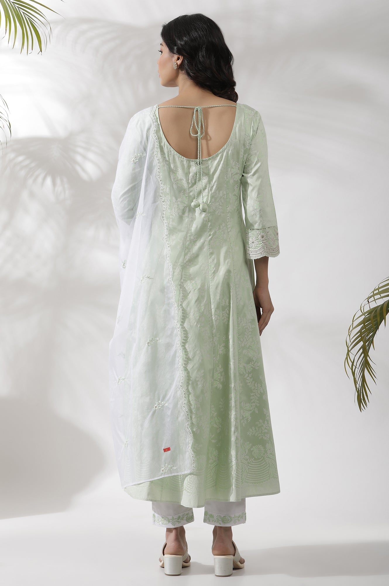 W for Woman Light Green Embroidered Panelled Kurta, Pants And Dupatta Set
