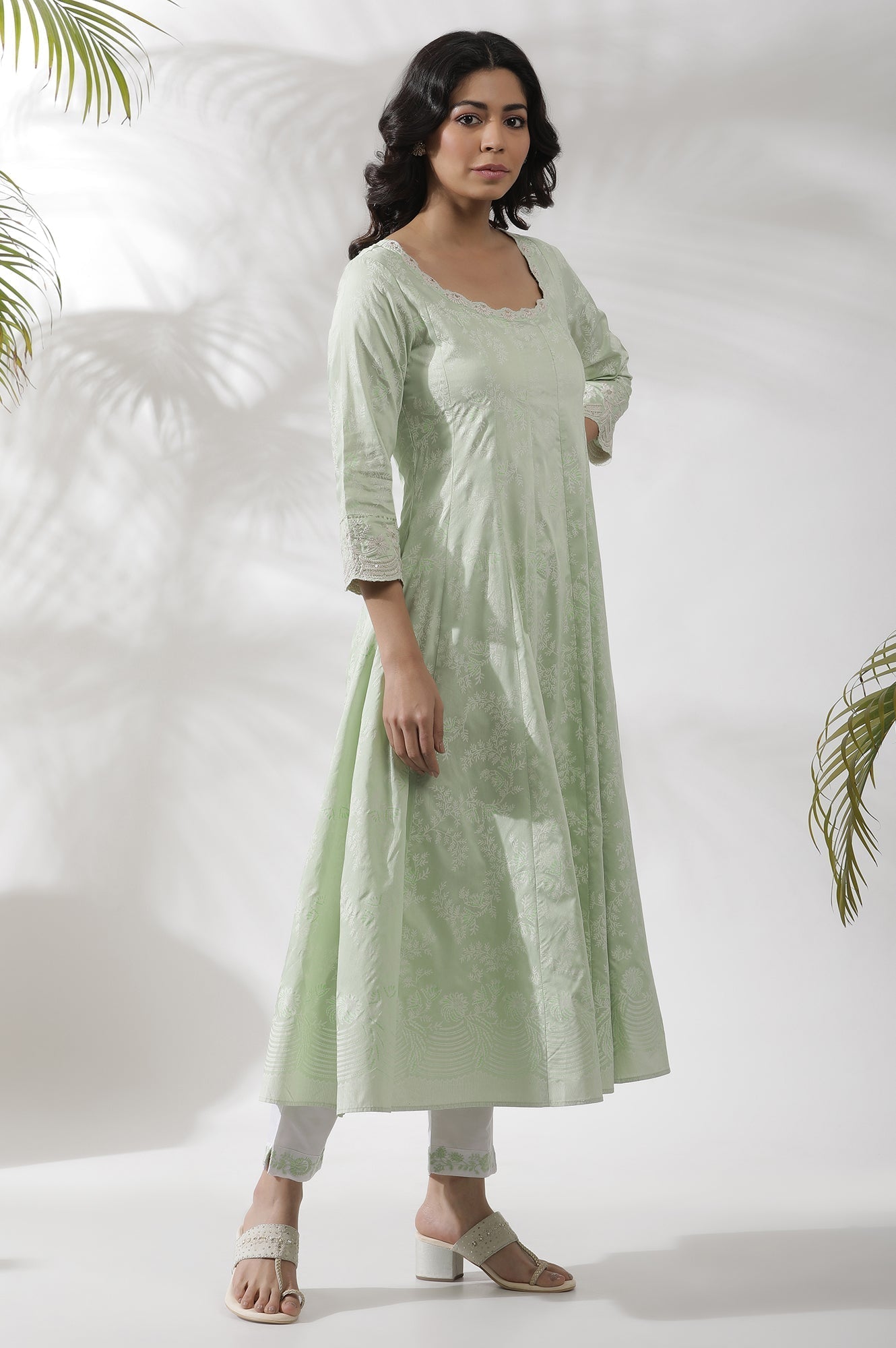 W for Woman Light Green Embroidered Panelled Kurta, Pants And Dupatta Set