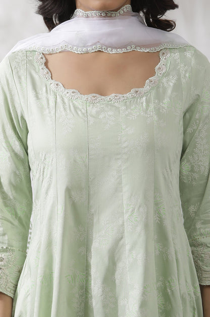 W for Woman Light Green Embroidered Panelled Kurta, Pants And Dupatta Set
