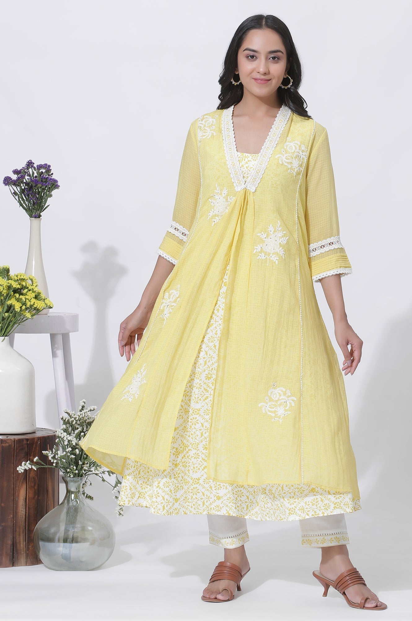 W for Woman Yellow Kota Embroidered Gilet, Printed Kurta And Pants Set