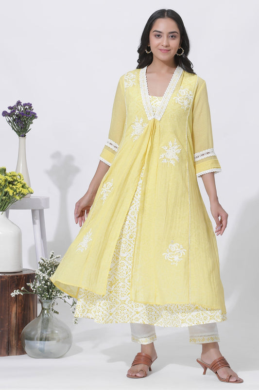 W for Woman Yellow Kota Embroidered Gilet, Printed Kurta And Pants Set
