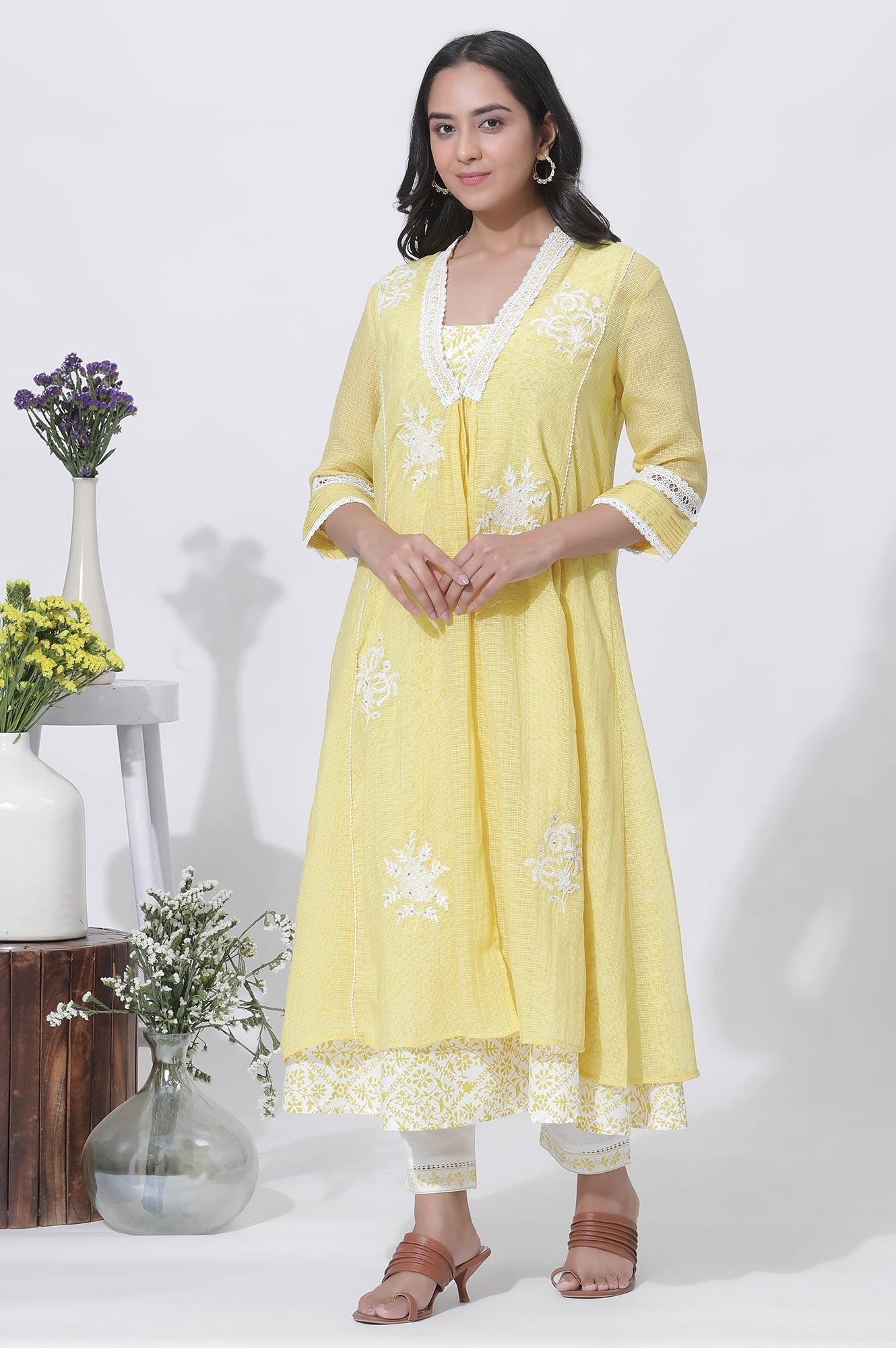 W for Woman Yellow Kota Embroidered Gilet, Printed Kurta And Pants Set