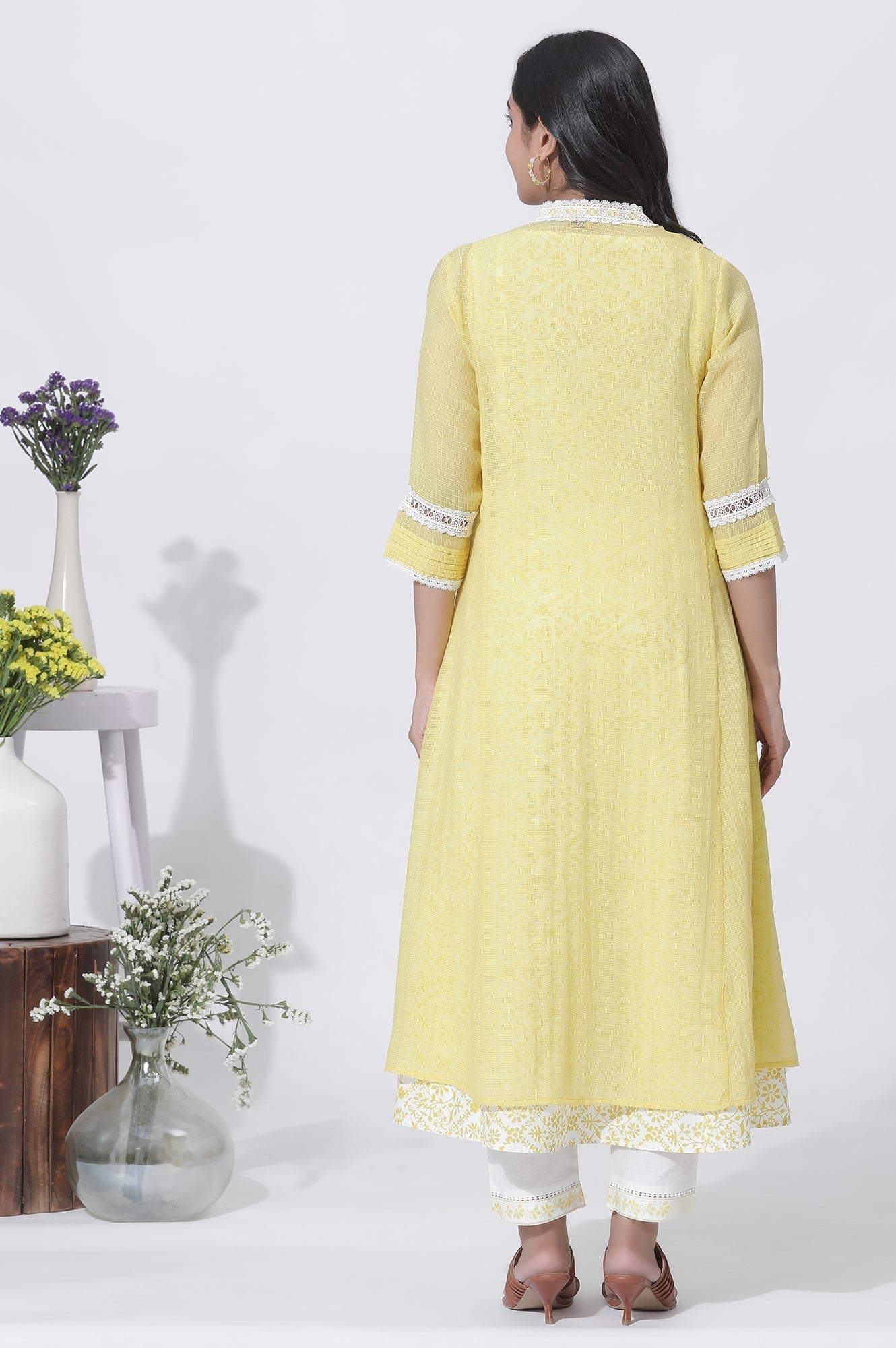 W for Woman Yellow Kota Embroidered Gilet, Printed Kurta And Pants Set
