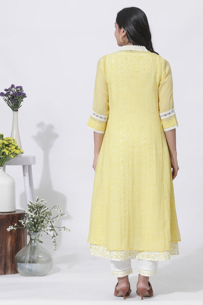W for Woman Yellow Kota Embroidered Gilet, Printed Kurta And Pants Set
