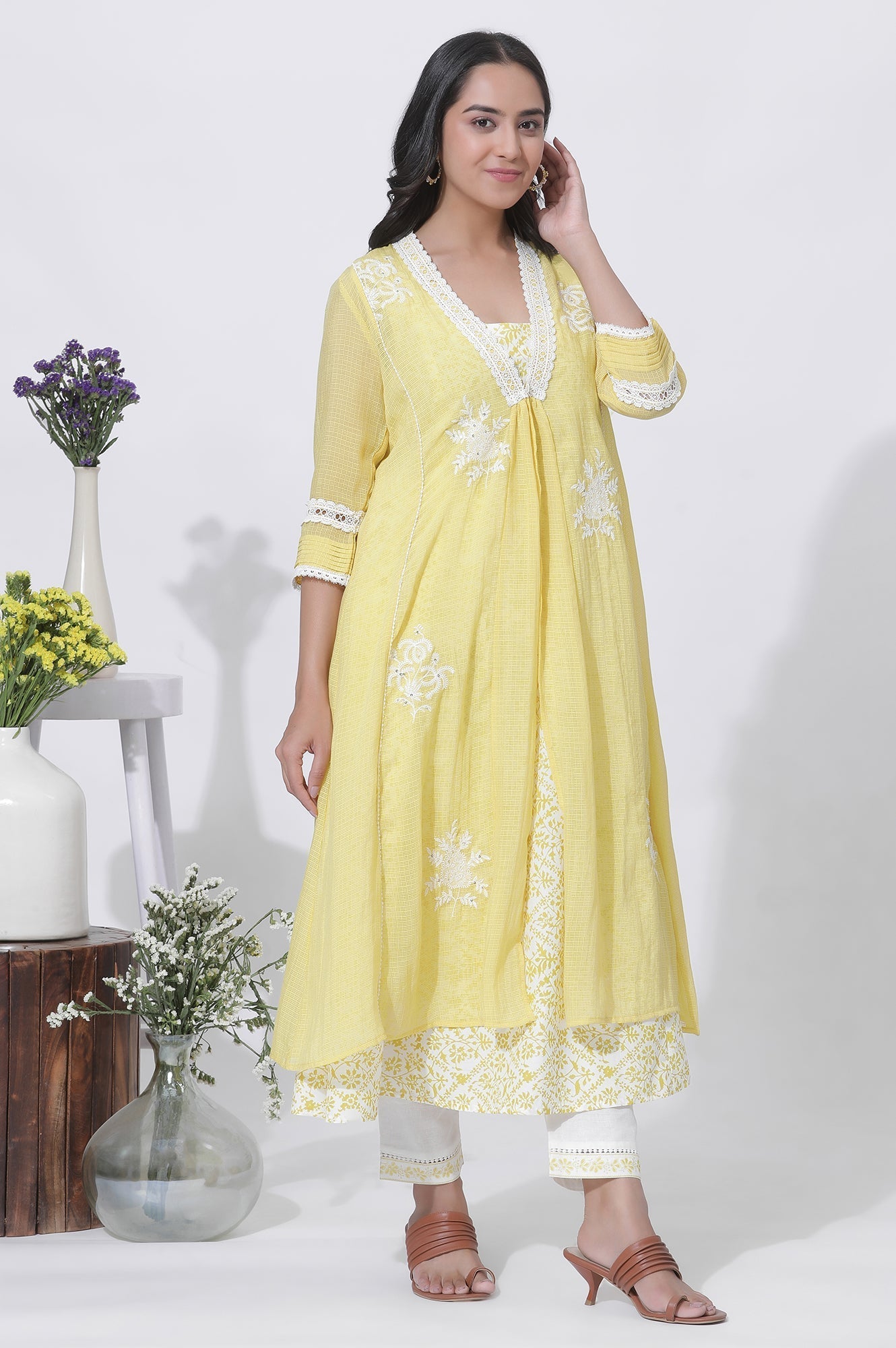 W for Woman Yellow Kota Embroidered Gilet, Printed Kurta And Pants Set