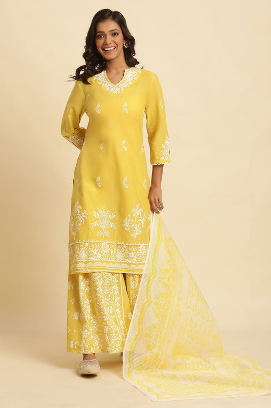 W for Woman Yellow Chikankari Embroidered Kurta, Sharara And Dupatta Set