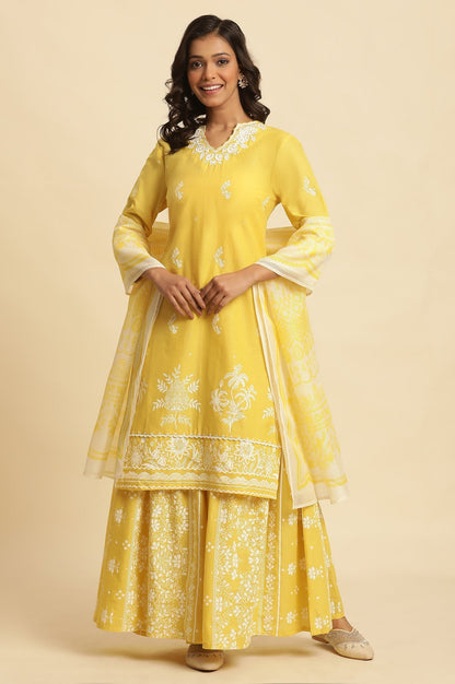 W for Woman Yellow Chikankari Embroidered Kurta, Sharara And Dupatta Set