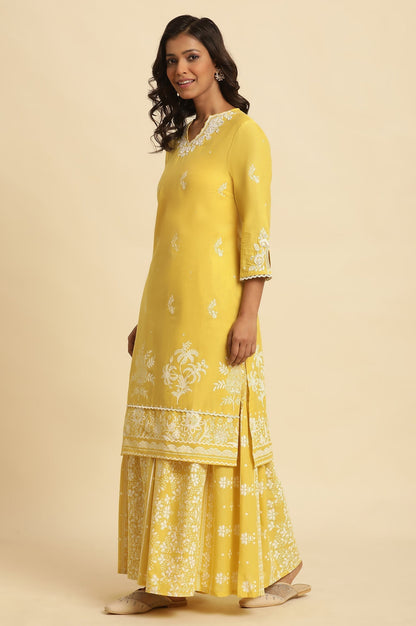 W for Woman Yellow Chikankari Embroidered Kurta, Sharara And Dupatta Set