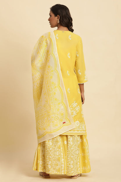 W for Woman Yellow Chikankari Embroidered Kurta, Sharara And Dupatta Set