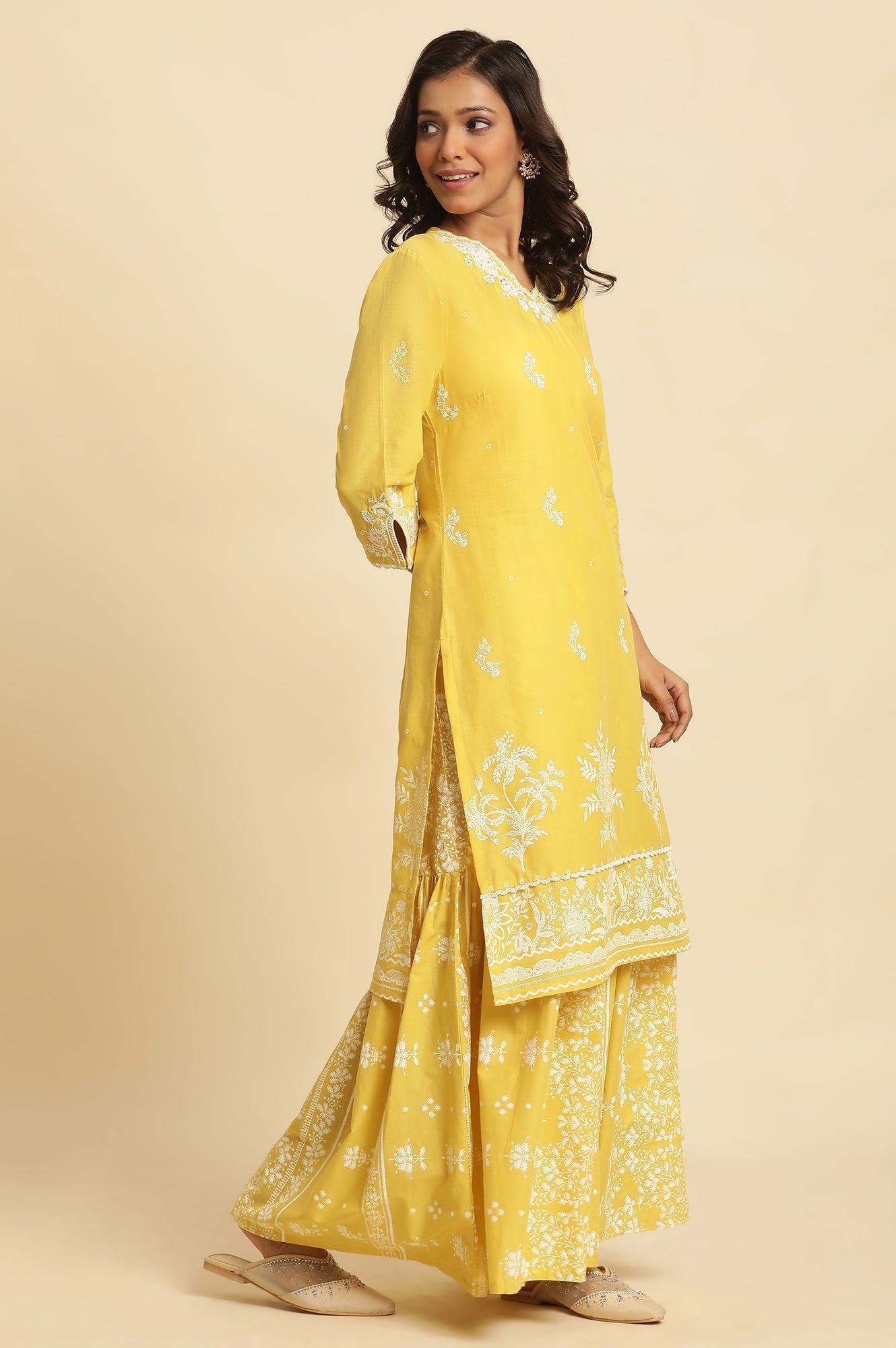 W for Woman Yellow Chikankari Embroidered Kurta, Sharara And Dupatta Set