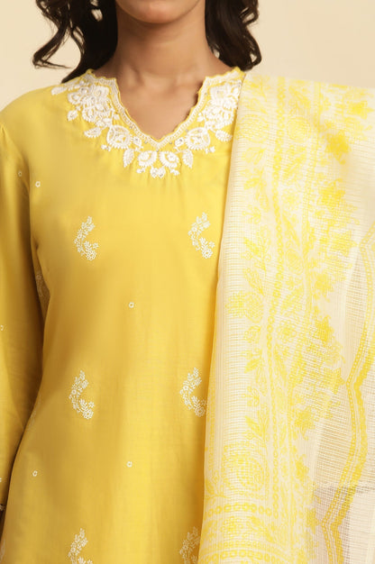 W for Woman Yellow Chikankari Embroidered Kurta, Sharara And Dupatta Set