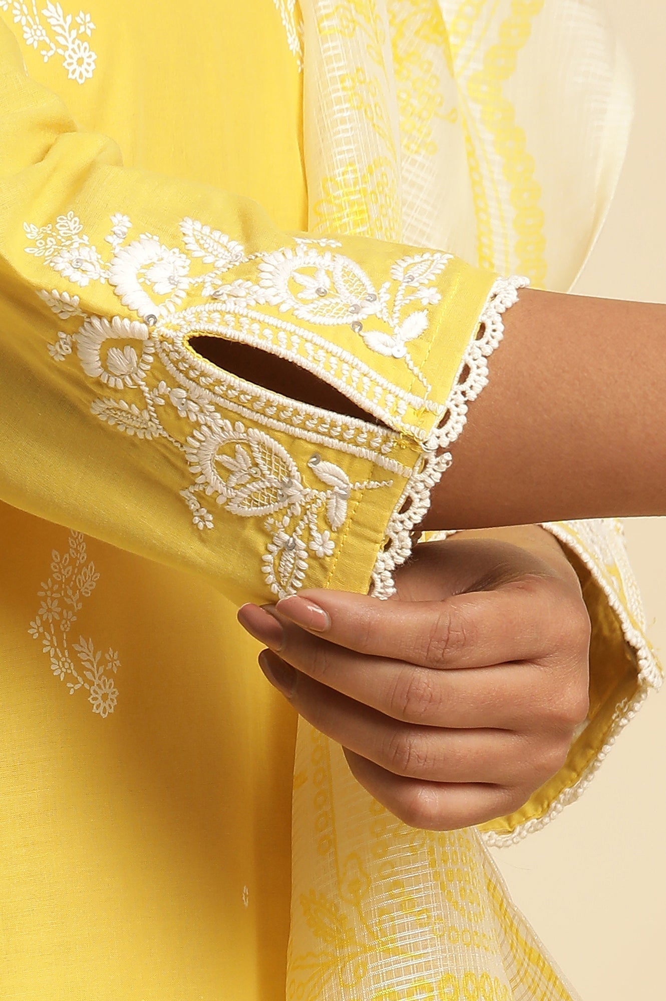 W for Woman Yellow Chikankari Embroidered Kurta, Sharara And Dupatta Set