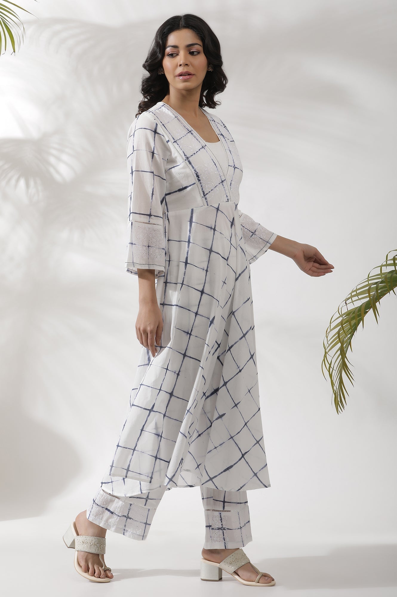 W for Woman White Tie Dye Flared Kurta And Pants Set