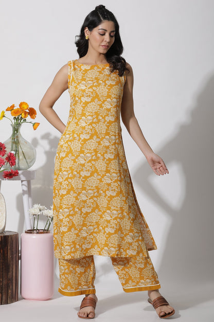 W for Woman Mustard Floral Printed A-Line Kurta And Flared Pants Set