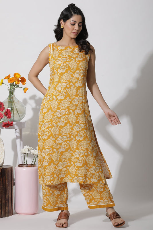 W for Woman Mustard Floral Printed A-Line Kurta And Flared Pants Set