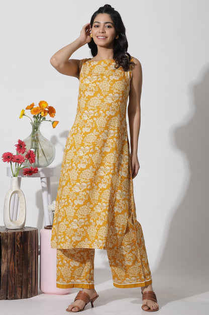 W for Woman Mustard Floral Printed A-Line Kurta And Flared Pants Set