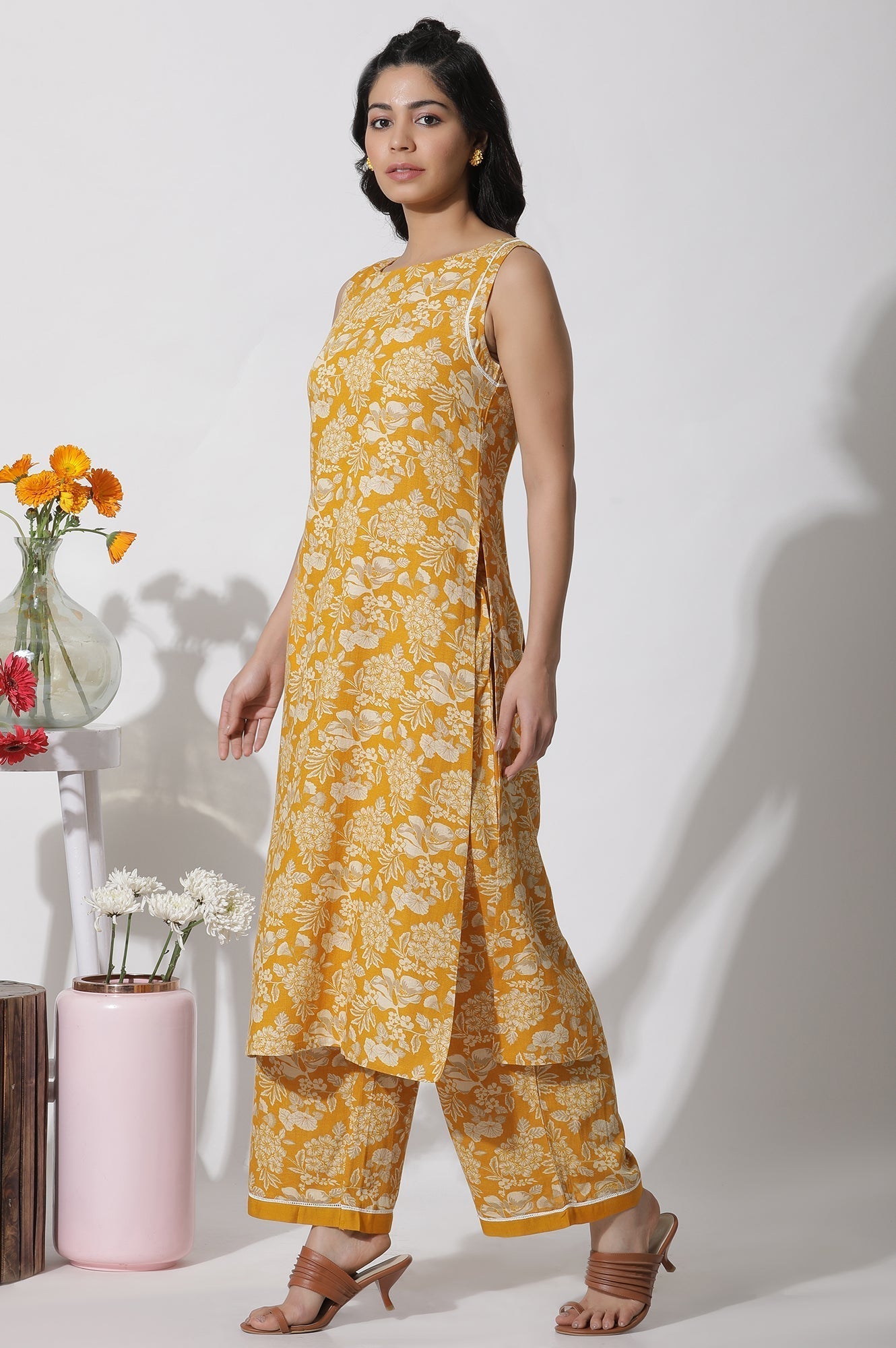 W for Woman Mustard Floral Printed A-Line Kurta And Flared Pants Set