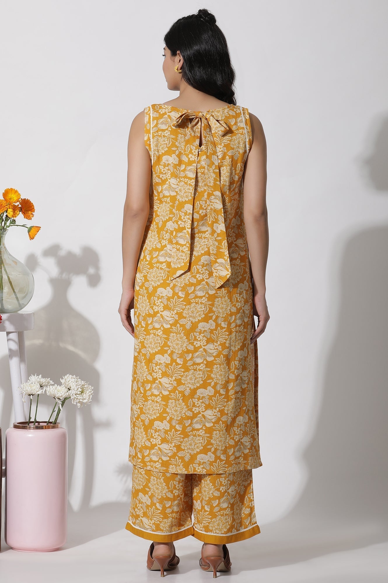 W for Woman Mustard Floral Printed A-Line Kurta And Flared Pants Set