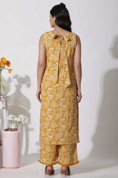 W for Woman Mustard Floral Printed A-Line Kurta And Flared Pants Set