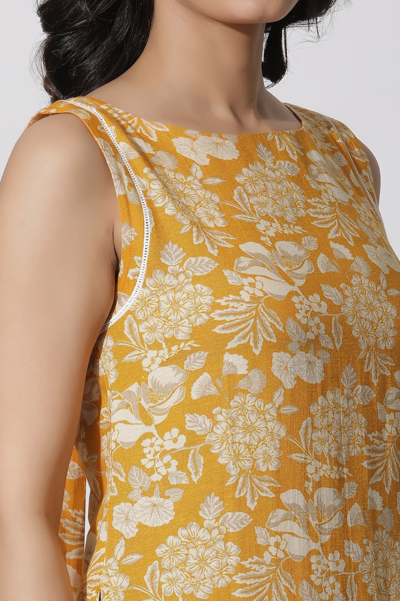 W for Woman Mustard Floral Printed A-Line Kurta And Flared Pants Set