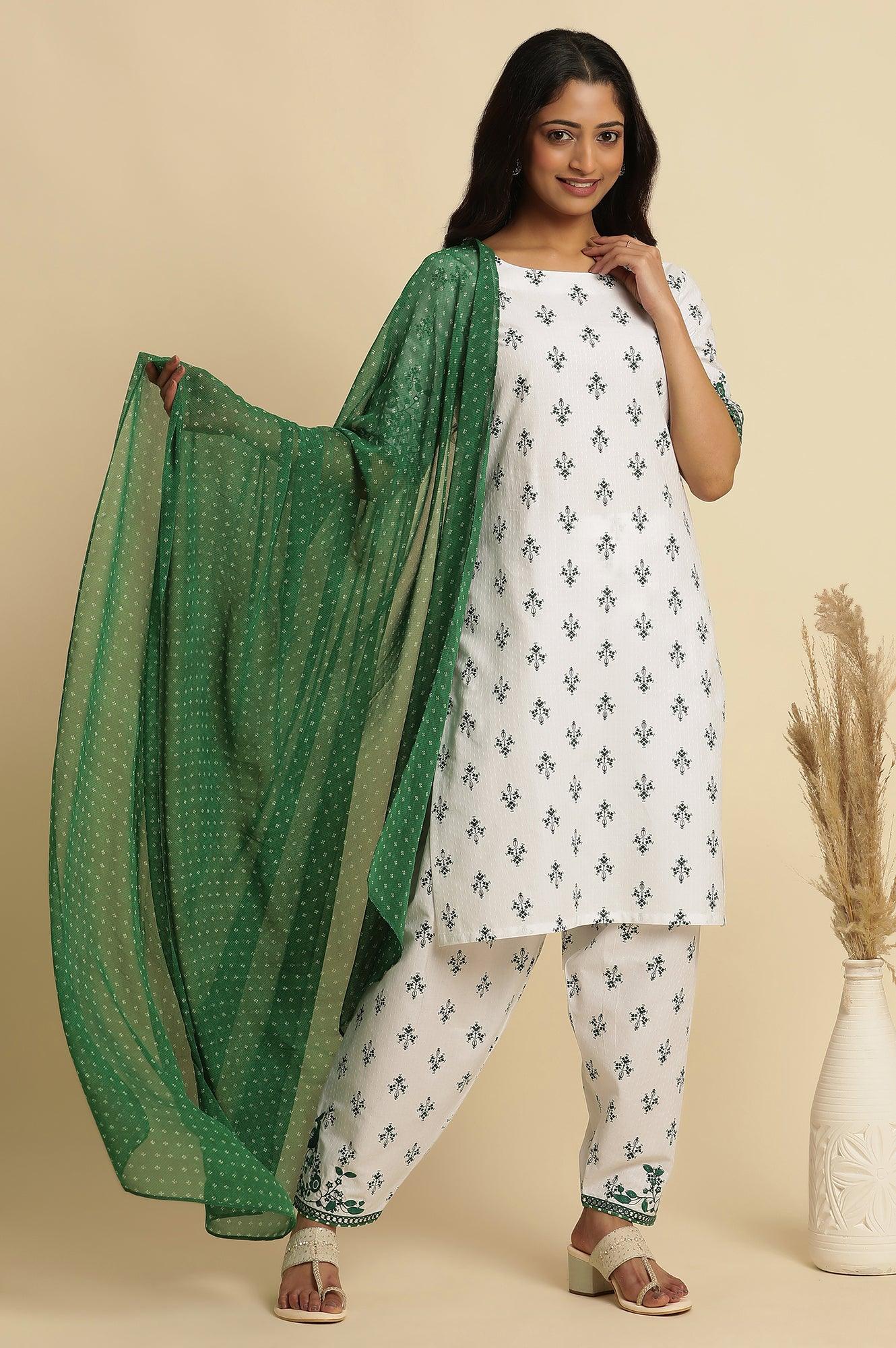 W for Woman White Embroidered Kurta, Gathered Salwar And Dupatta Set