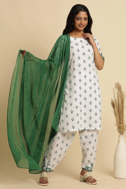 W for Woman White Embroidered Kurta, Gathered Salwar And Dupatta Set