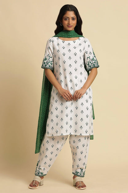 W for Woman White Embroidered Kurta, Gathered Salwar And Dupatta Set