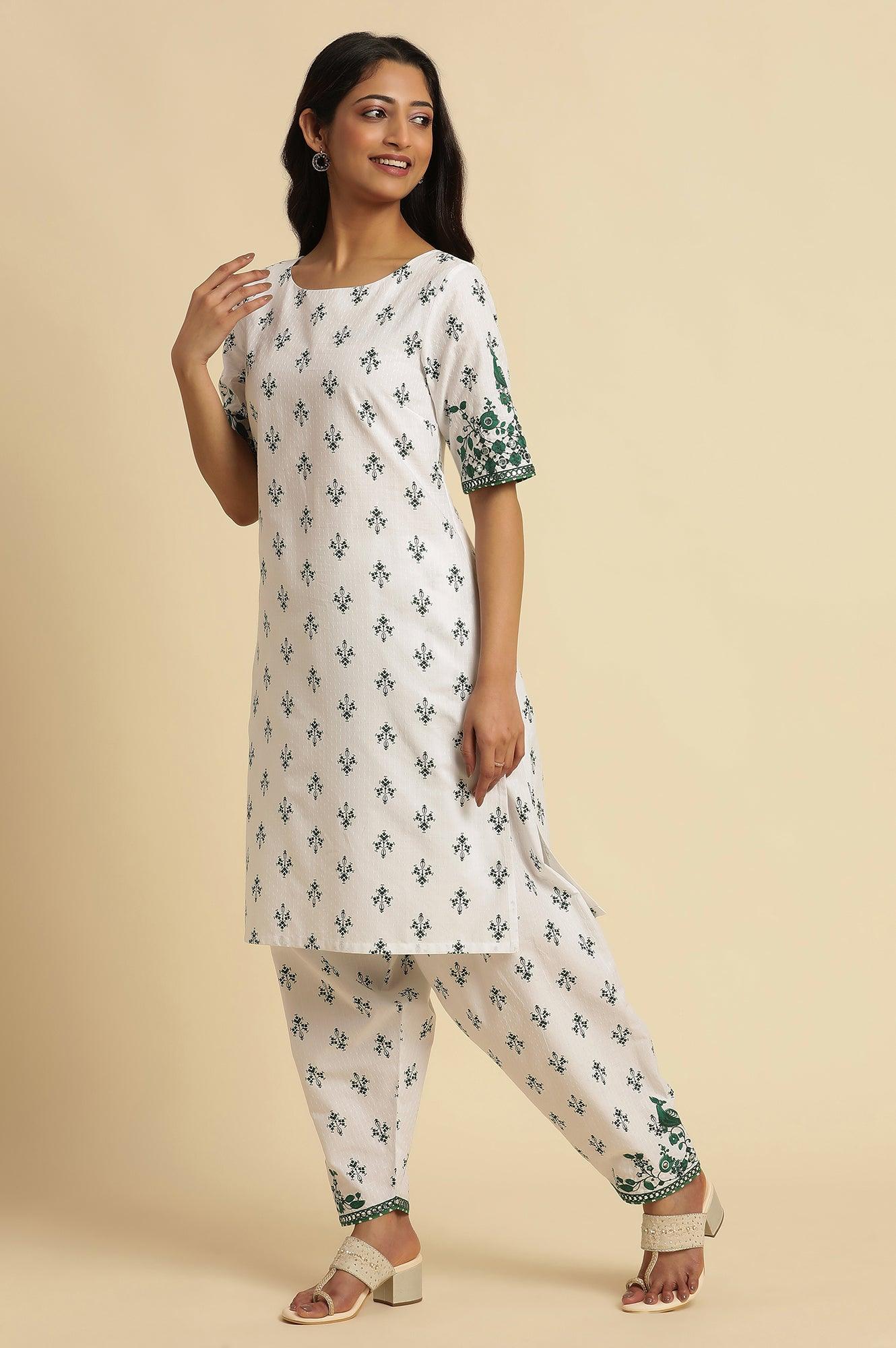 W for Woman White Embroidered Kurta, Gathered Salwar And Dupatta Set