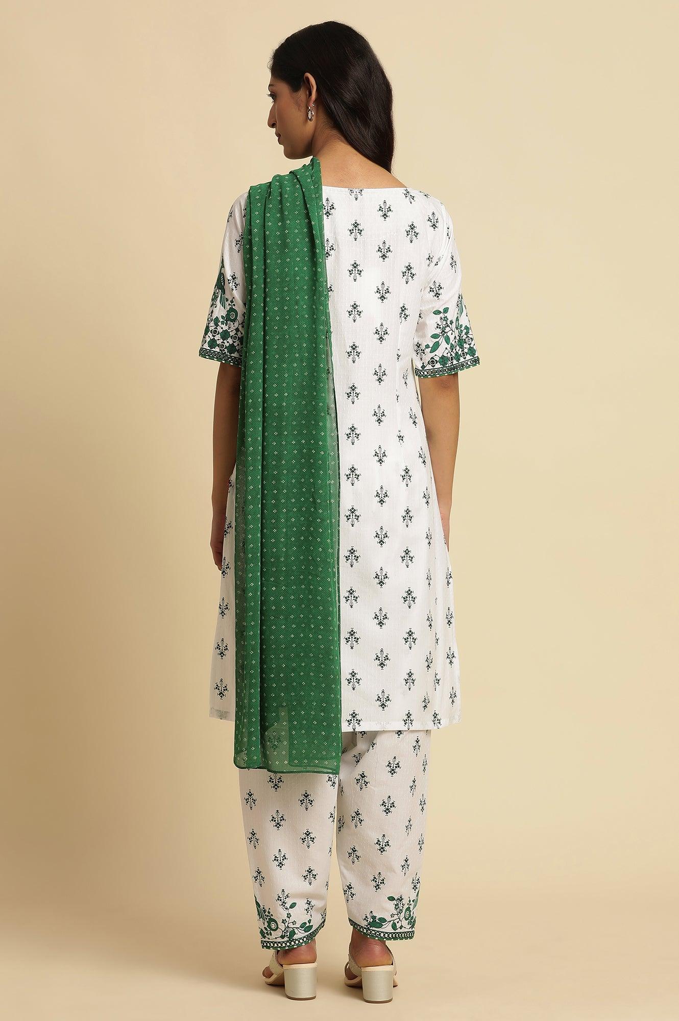 W for Woman White Embroidered Kurta, Gathered Salwar And Dupatta Set