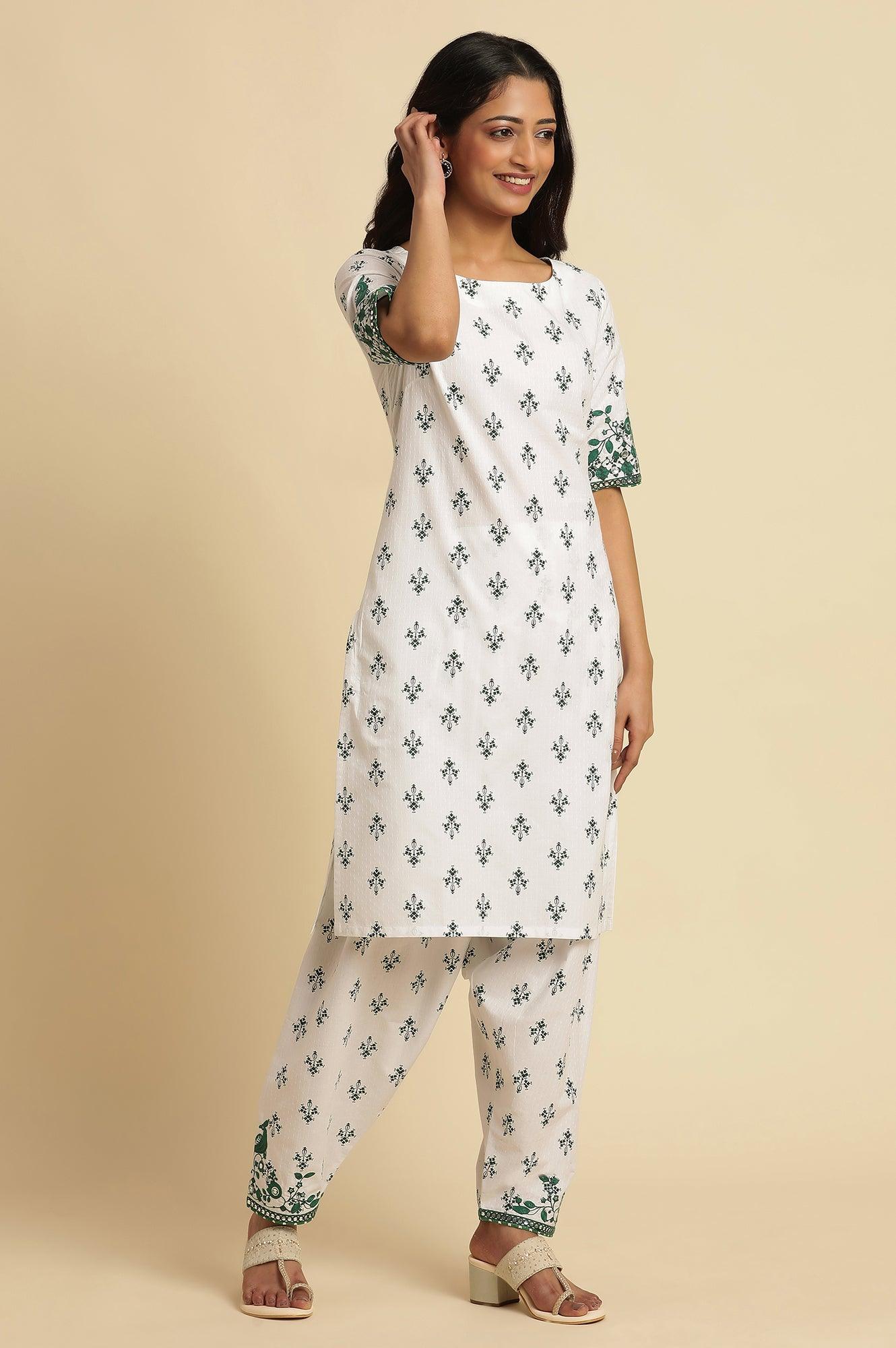 W for Woman White Embroidered Kurta, Gathered Salwar And Dupatta Set