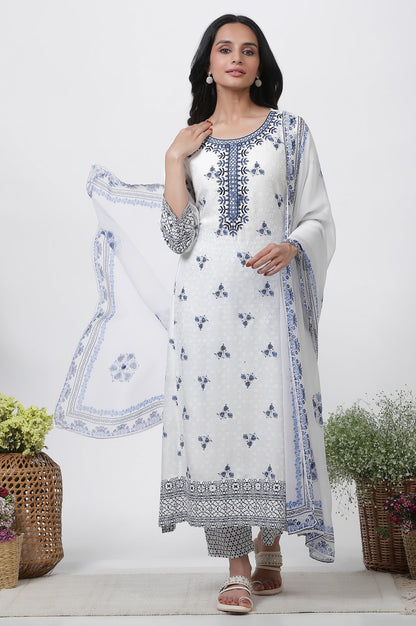 W for Woman White Printed Kurta With Embroidery, Pants And Dupatta Set