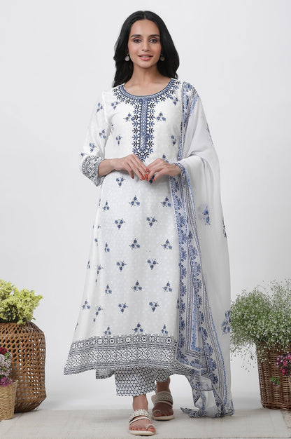 W for Woman White Printed Kurta With Embroidery, Pants And Dupatta Set