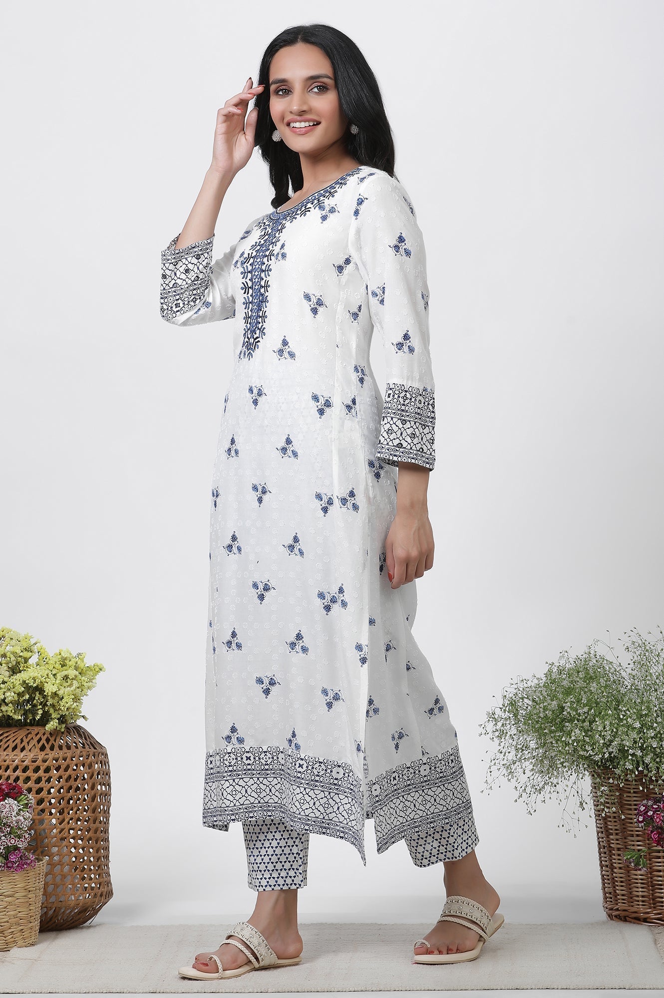 W for Woman White Printed Kurta With Embroidery, Pants And Dupatta Set