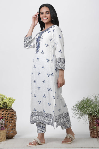 W for Woman White Printed Kurta With Embroidery, Pants And Dupatta Set