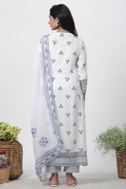 W for Woman White Printed Kurta With Embroidery, Pants And Dupatta Set