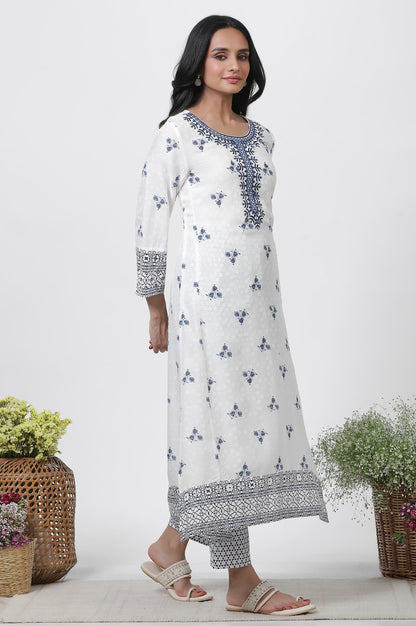 W for Woman White Printed Kurta With Embroidery, Pants And Dupatta Set