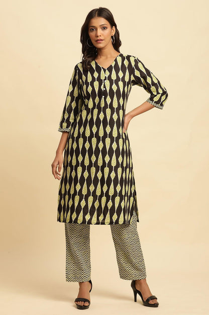 W for Woman Black Printed Straight Kurta And Pants Set