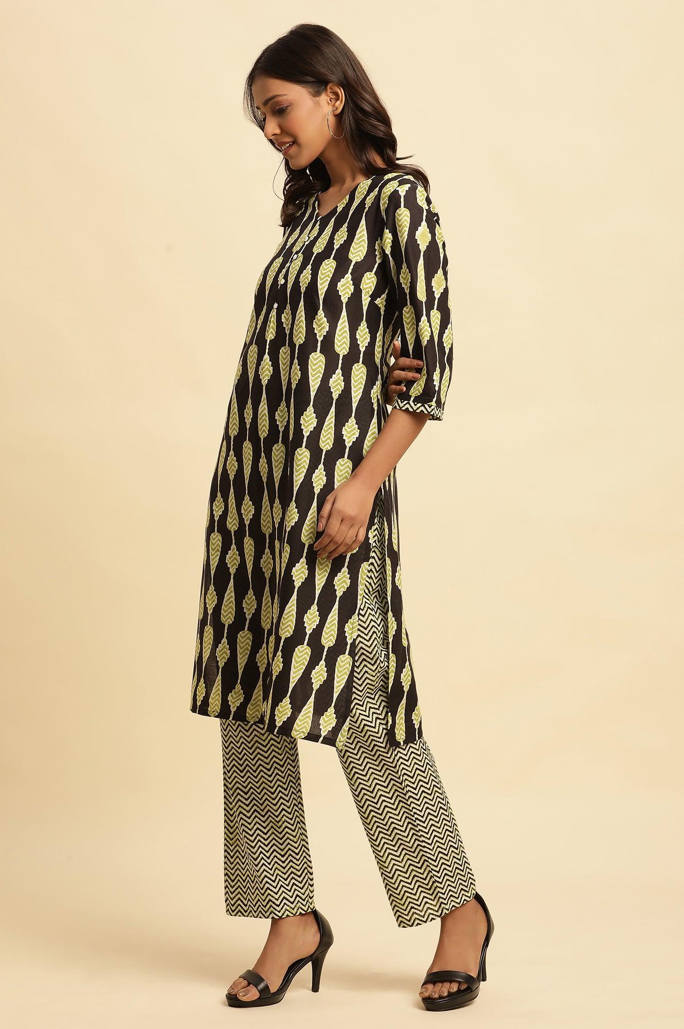 W for Woman Black Printed Straight Kurta And Pants Set