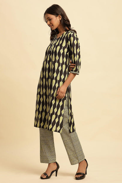 W for Woman Black Printed Straight Kurta And Pants Set