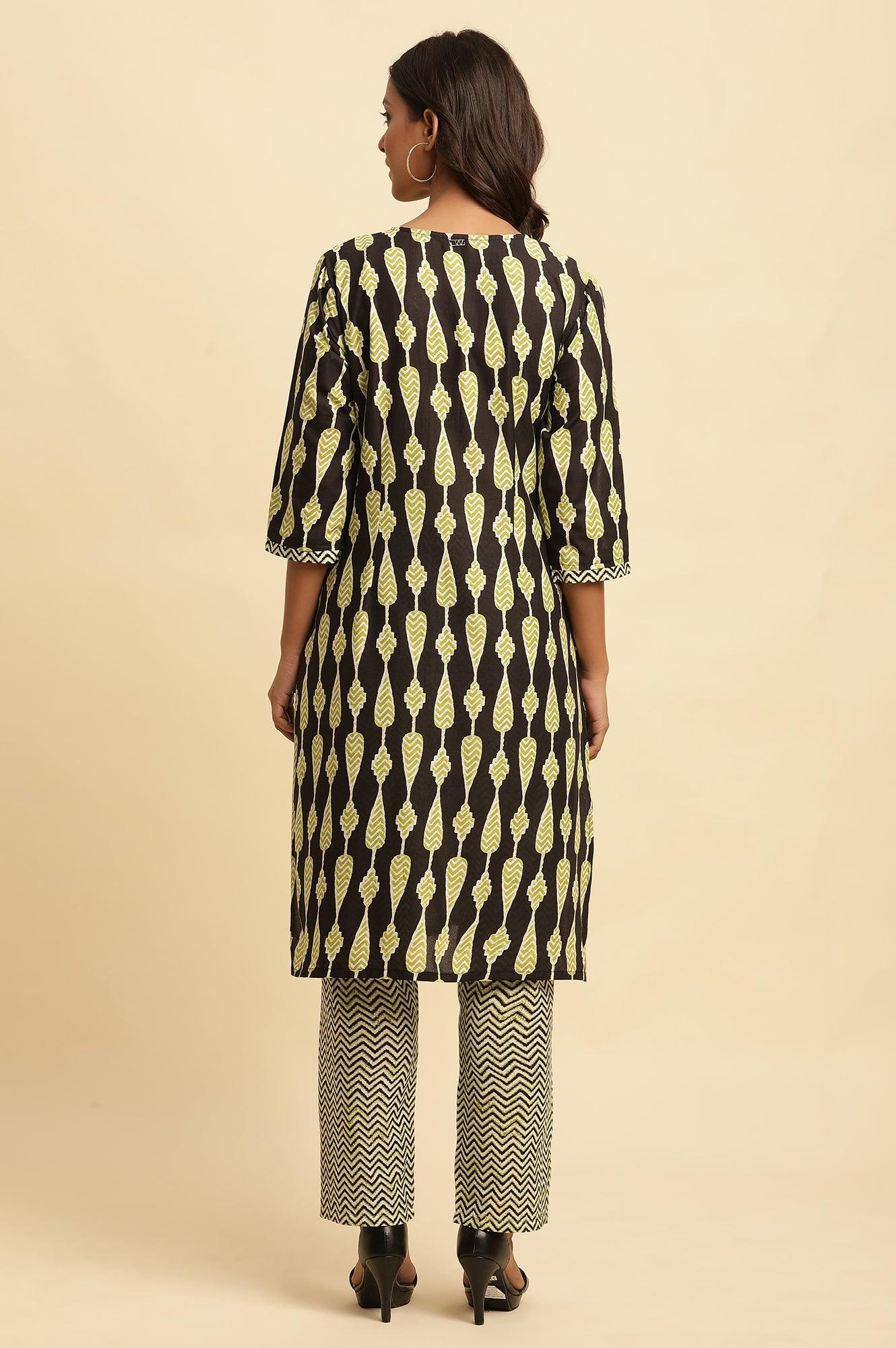 W for Woman Black Printed Straight Kurta And Pants Set