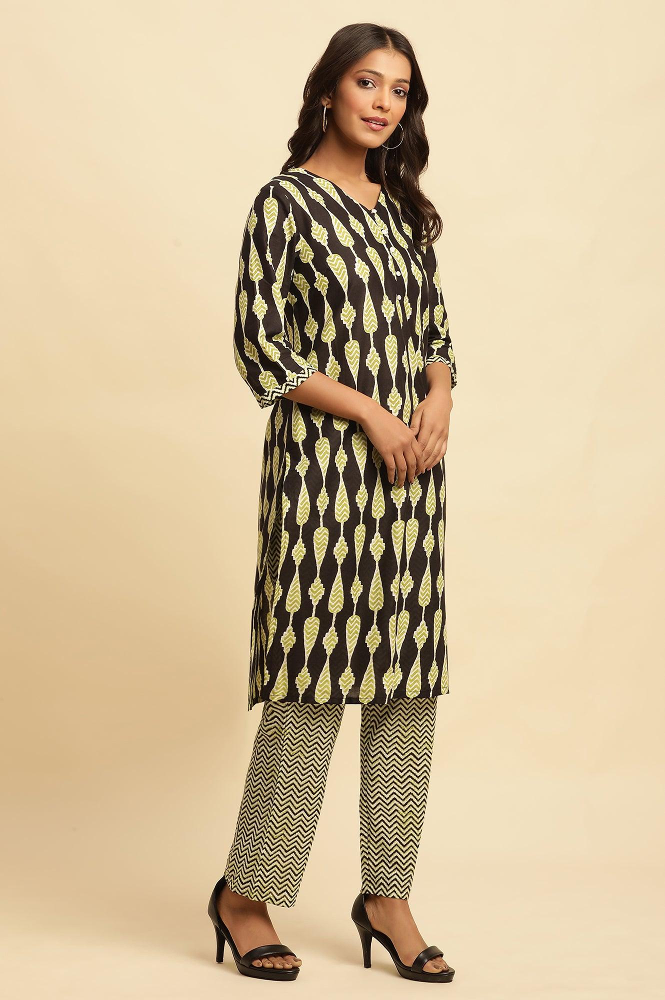 W for Woman Black Printed Straight Kurta And Pants Set