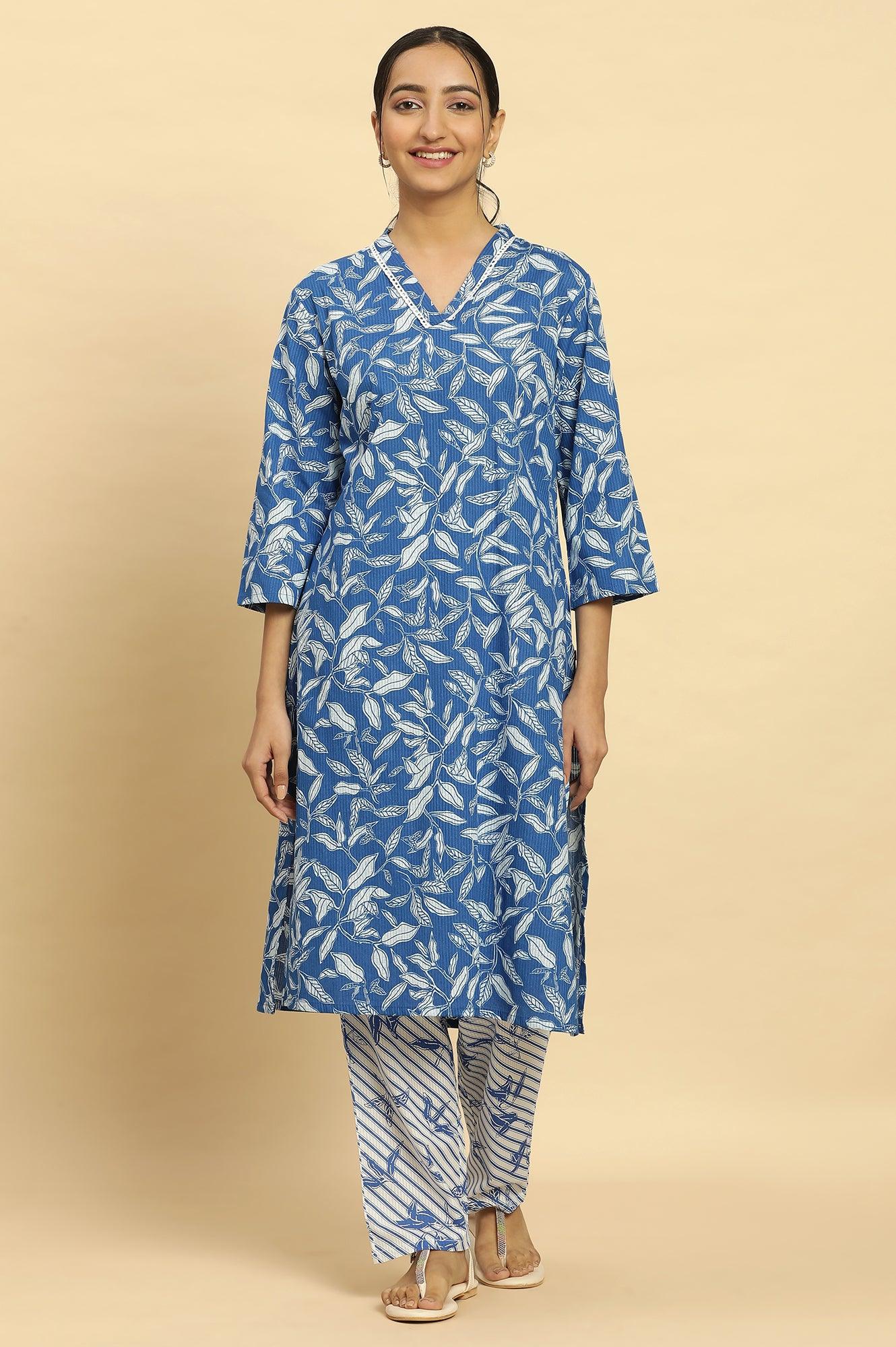 W for Woman Blue Leaf Printed Straight Kurta And Pants Set