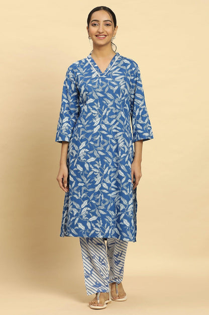 W for Woman Blue Leaf Printed Straight Kurta And Pants Set