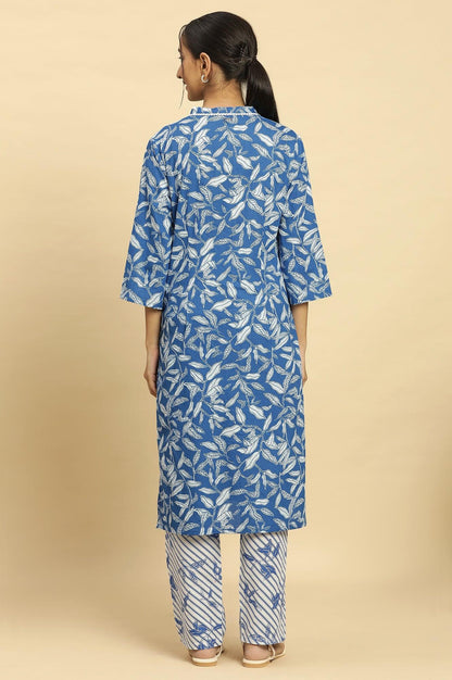 W for Woman Blue Leaf Printed Straight Kurta And Pants Set