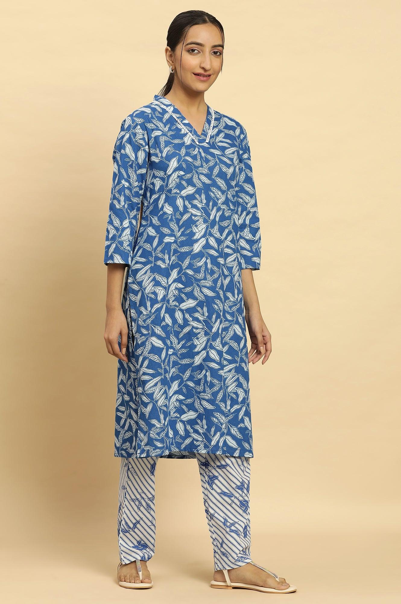 W for Woman Blue Leaf Printed Straight Kurta And Pants Set