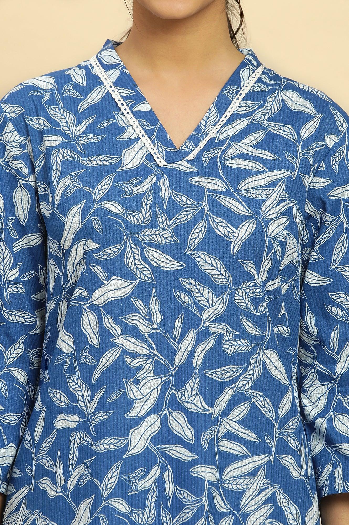 W for Woman Blue Leaf Printed Straight Kurta And Pants Set