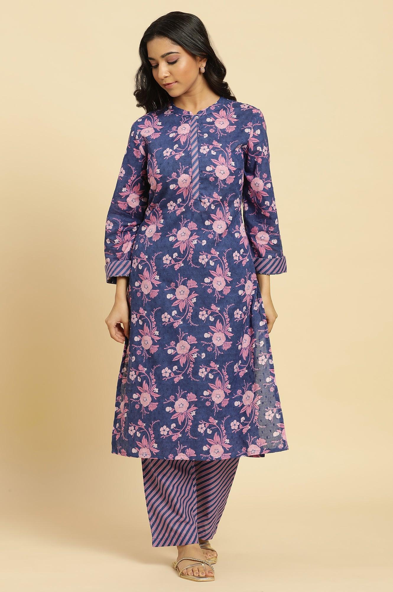 W for Woman Navy Blue Floral Printed Kurta And Stripe Pants Set