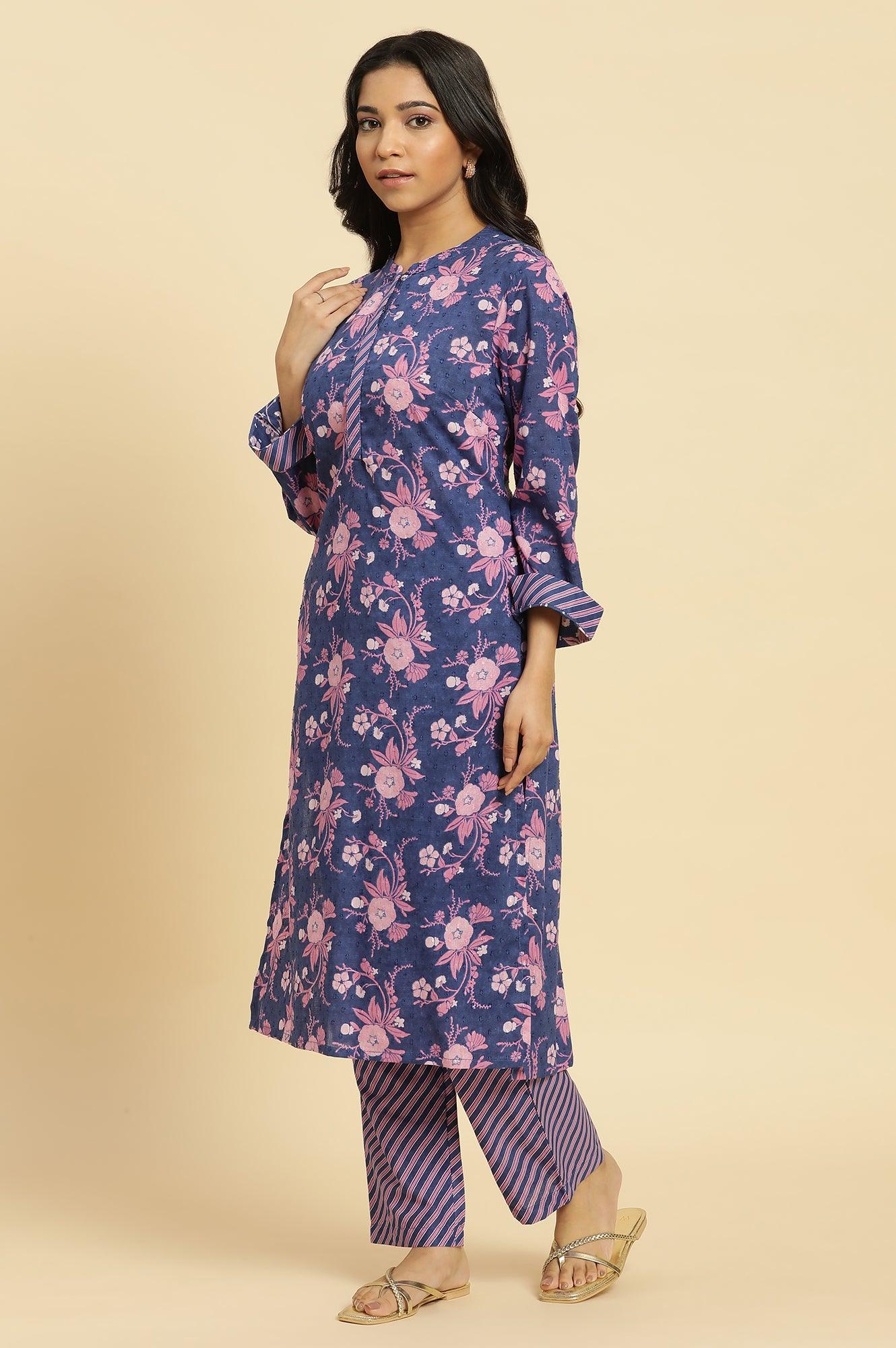 W for Woman Navy Blue Floral Printed Kurta And Stripe Pants Set